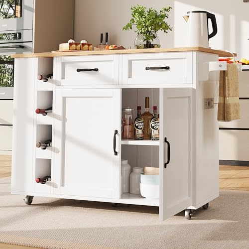 Kücheninsel, Küchenwagen mit Steckdosenleiste ausgestattet, Küchenschrank, Abnehmbare Servierwagen mit Weinregal,buffetschrank, Speisewagen mit Holzmaserung, buffetschrank(Weiß-A, 131.5 x 76x 90.7cm)