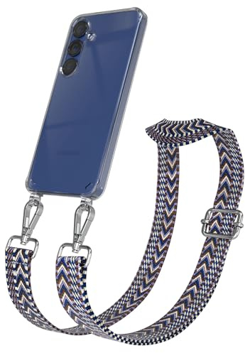 EAZY CASE Handykette - Verstellbares Taschenband kompatibel mit Galaxy S25, Schulterriemen, Handykordel mit Silikon Hülle, Umhängetasche, Blau Weiß Silber