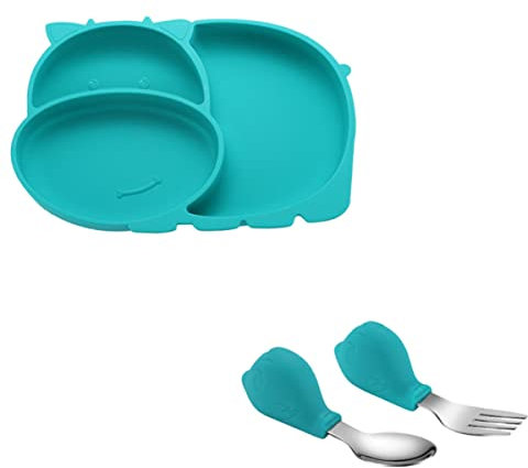 ERINGOGO Set De Vaisselle Silicone Plaque Alimentation Adorable Avec Cuillère Et Fourchette Pour Apprentissage Des Repas Couleur Verte Pratique