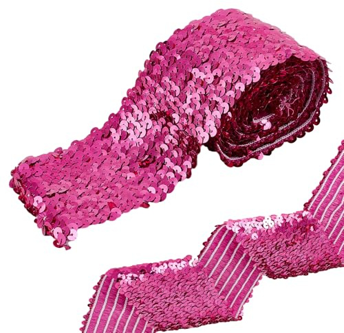 Letsinstyle 2 Yards Striscia Elastica di Paillettes Piatte, Bordatura Ricamata con Paillettes Elastiche, Strisce di Tessuto con Paillettes Metalliche Color Rosso Rosa per Lavori Artigianali Fai Da Te