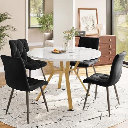 Zepneiy Table à Manger Ronde en Marbre avec Pieds en Métal Doré, Chaises Ergonomiques en Daim Noir
