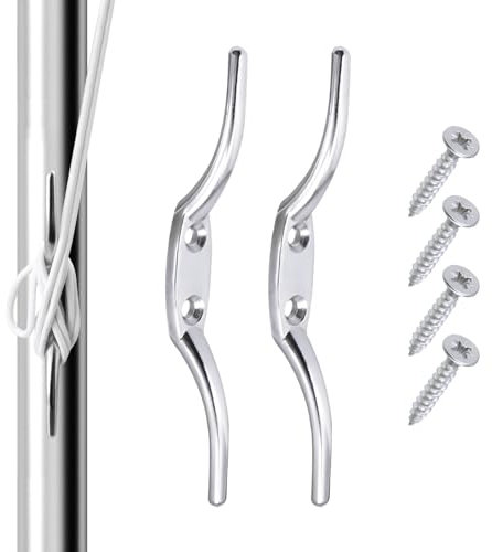 KIBBEH 2PCS 150mm Heavy Duty Silver Cleat Hooks - Extra Long Rust-Proof Metal Rope Cleats for Flagpoles, Boat Docks, Kayaks, Washing Lines - Weather-Resistant & Easy Mounting Marine Hooks