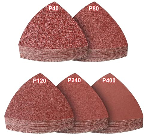 PMIQSA 100 Piezas Triángulo De Lijado Delta 93 x 93 x 93mm | Granos 40 80 120 240 400 Papel de Lija Triangular Hojas de Lija Triangulares Lijado y Pulido para lijadoras delta