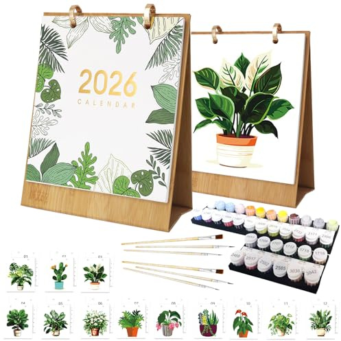 Tischkalender 2026 Malen Nach Zahlen Kalender 2026 DIY Tischkalender 2026 zum Aufstellen mit Pinsels Acrylfarbe und Base für Geschenke und Heimdekoration