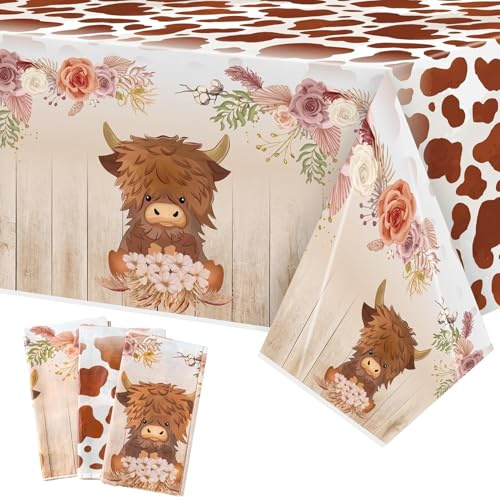 TirEurt Highland Cow Geburtstag Party Tischdecke 3 Stück Braun Highland Rinder Geburtstag Tischdecke, braune Kuh Druck Thema Party Dekorationen Plastik Einweg Rechteckige Dekor für Kinder Baby Dusche