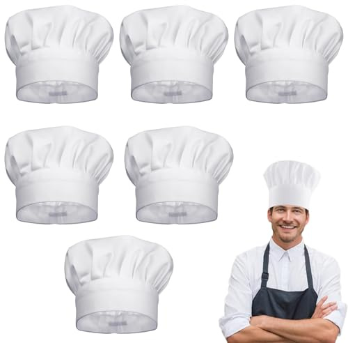DqiUnaX Kochmütze, 6 Stück Weiße Kochmützen Aus Polyester, Einstellbare Kochhaube Für Köche Und Bäcker, Ideal Für Küchen, Restaurants Und Catering