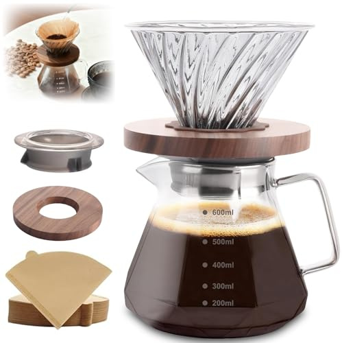 innislink 600ml Pour Over Coffee Maker with 100pcs Paper Filter, Hold 3 Cup | Borosilicate Glass| Walnut Base & Glass Lid| Heat Resistant| BPA-free| Easy to Clean| for Home Café Restaurant Camping