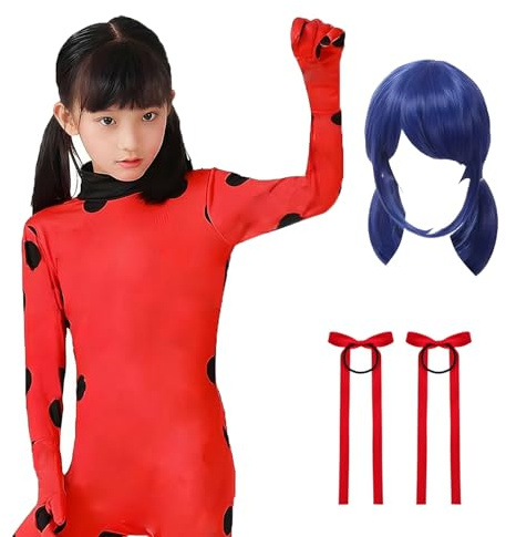 Alaiyaky Karneval Kostüm Mädchen, 8 Pcs Lady-Bug Kostüm Superhelden Outfits Gepunkteter Onesie mit Augenbinde Handschuhe Tasche Ohrringe Perücke Haargummi, Rot Faschingskostüm für Mädchen