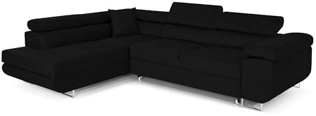 Ecksofa mit Schlaffunktion PASTI L-Form, Sofa Couch mit Bettkasten, 3-Sitzer Eckcouch, Schlafsofa für Wohnzimmer, Big Sofa Couch mit Schlaffunktion (Bouclé Schwarz, Ottomane Links)