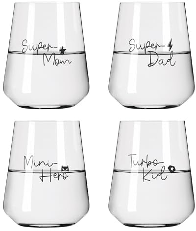 RITZENHOFF 8174003 Wasserglas 500 ml, 4er Set – Sprüche - liebevoll gestaltetes Gläser-Set „Super-Mom, Super-Dad, Mini-Hero & Turbo-Kid“ – Made in Germany