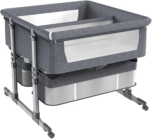 ZGHQHCDRH Babywiege, Zwillings-Babybett, Kinderbett mit Aufbewahrungskorb, tragbares Babybett Babywanne, 6-Fach höhenverstellbares Bett gegen Erbrechen(Grey)