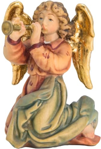 Dolfi | Angelo con tromba in legno 6 cm | Legno Dipinto a Mano in Val Gardena | Presepe e Natività