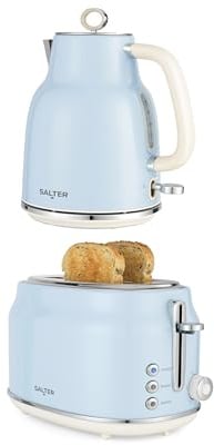 Salter Retro Kettle & 2-Slice Toaster Set - Wide Slots, 3KW Rapid Boil, 6 Browning Levels, 360° Base, Removable Limescale Filter, Defrost, Reheat & Cancel, High-Lift Eject, Removable Crumb Tray, Blue | 3kW Rapid Boil, 360 Degree Base, Wide Slots, 6 Browning Levels, Defrost Reheat Cancel, Removable Crumb Tray, Filter