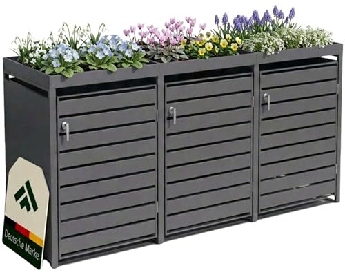 novaterra® Mülltonnenbox Metall Anthrazit für 3×240L - Mülltonnenunterstand mit Pflanzdach, integrierter Auffangkette zur Kippbegrenzung, pulverbeschichtet, wetterfest - B 196 ×T 80 × H 124 cm