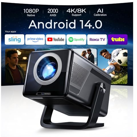 2000 ANSI Native 1080P Smart Projector, 4K Supported, Android 14 projectir Mini Projector with WiFi & Bluetooth, Auto Focus, Keystone, 4k projector Home Cinema for Bedroom & Outdoor projecter X7