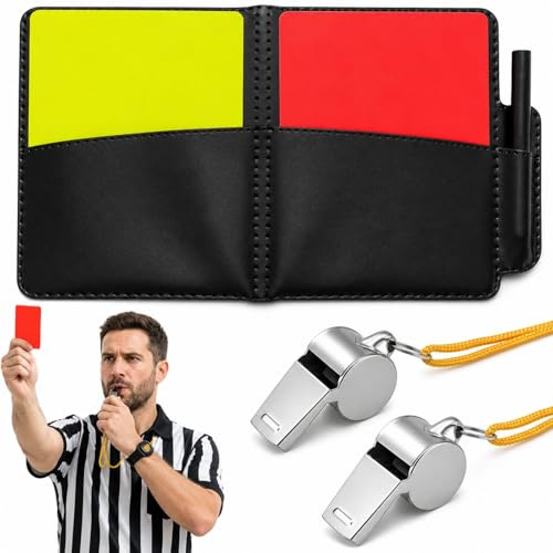 QLK Carton Arbitre Set, Sports Cartes Arbitre Football avec Carnet d'Arbitre, 2 Métal Sifflet Arbitre, Carton Rouge et Jaune, Crayon, Carton Arbitre Kit pour Football Basketball Scolaires Sports Jeu