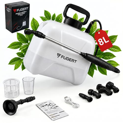 FUGERT Akku Drucksprüher mit USB-C Elektrischer Gartensprüher 3,5 Bar | Pflanzensprüher mit Teleskoplanze 27–49,5 cm, 5 Düsen, Schultergurt, Gartenspritze für Garten & Pflanzen