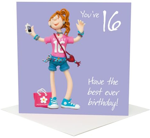 Holy Mackerel funny 16th birthday card for girl, sweet sixteen teenage birthday card, humorous mobile phone teen greeting card for daughter granddaughter friend, 15 cm square with envelope