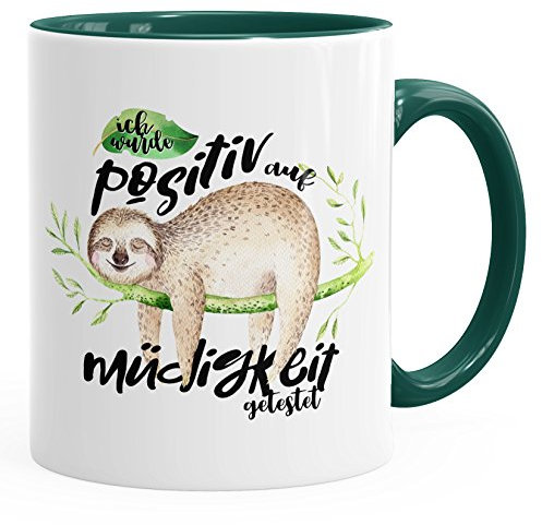 MoonWorks Kaffee-Tasse Tasse Faultier Ich wurde positiv auf Müdigkeit getestet Sloth Innenfarbe grün Unisize