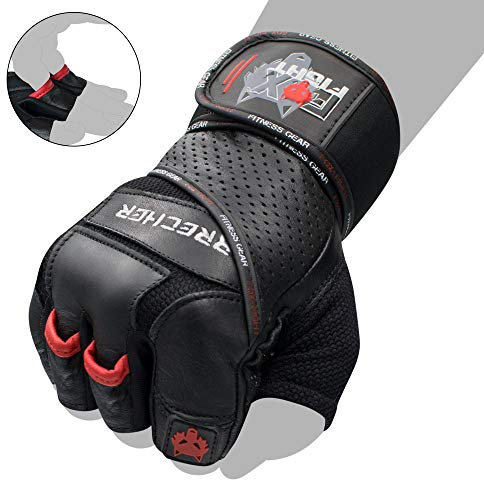 FOX-FIGHT Fitnesshandschuhe Trainingshandschuhe Kraftsport Damen Herren Leder Handschuhe Bodybuilding Sporthandschuhe mit Handgelenkbandage für Krafttraining Gewichtheben Brecher XL