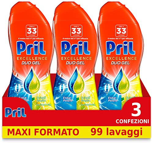 Pril Excellence Duo Gel Detersivo In Gel, Azione Sciogligrasso, Con Limone, 3 Confezioni da 33 Lavaggi
