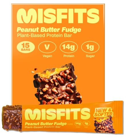 Misfits Vegan Protein Bar, Peanut Butter Fudge, Plant Based Low Sugar, High Protein Snacks with 15g Protein Per Bar, Low Carb, 1g Sugar, High Fibre, Healthy Snack, 15 x 50g bars (vegan)