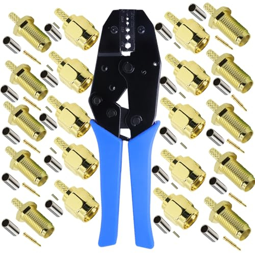 Kagni Pinza per crimpare cavo coassiale e 10 set connettori RP-SMA maschio + RP-SMA femmina per cavo di prolunga antenna Wifi RG174 RG316
