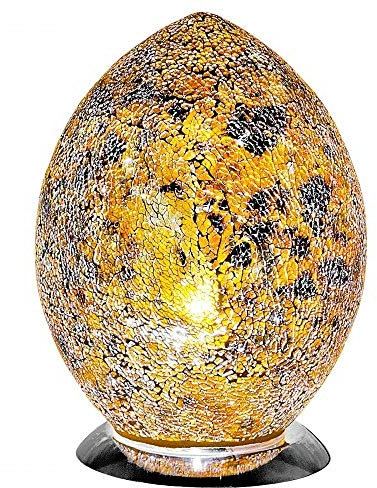 Britalia Yellow Crackle Mosaic Glass Vintage Egg Table Lamp 30cm | Chrome Base | 1 x ES E27 Bulb Required (Not Included) | Study - Bedroom - Lounge | Desk Light