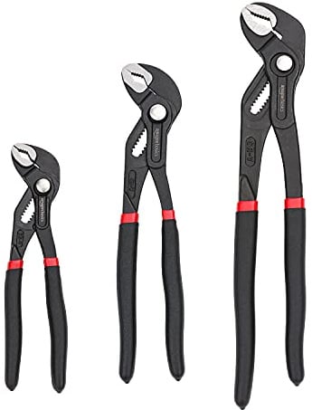 Amazon Basics 3-Piece Quick Release Groove Joint Pliers Set, Drop Forged Chrome Vanadium Steel with Comfortable Rubber Grip, Adjustable, 7-inch, 10-inch, and 12-inch, Black