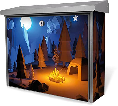 banjado® Burgwächter Briefkasten Edelstahl 38,5x31,5x12cm mit Motiv Camping 2 / Briefkasten Edelstahl ohne Zeitungsfach/Briefkasten grau/Postkasten inkl. Montagematerial & 2 Schlüsseln