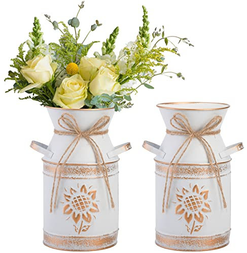 TOPZEA 2 Pack Shabby Chic Milk Can Vase, Galvanized Metal Milk Jug Tin Pitcher Rustic Flower Vases Table Centerpieces Decorative Buckets Bottle for Living Room, Bedroom, Wedding, Mantle, Home Decor