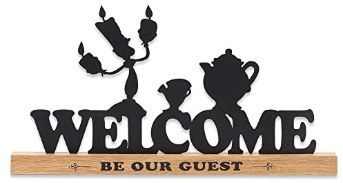 Disney Die Schöne und das Biest Welcome Be Our Guest Tischdekoration, Lumiere, Chip und Mrs. Potts Metall-Silhouetten auf Naturholzsockel