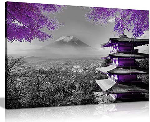 Japanese Temple In Autumn Black White Purple Canvas Wall Art Picture Print Home Decor 91x61cm (36x24in)