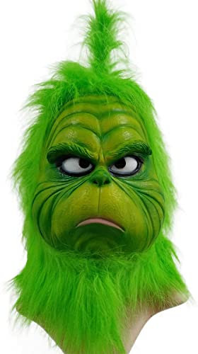 Senua The Grinch Mask Costume With Furry Fur for Christmas Cosplay Party - Latex Props Green Monster Mask, Garden Yard Party Cute Props