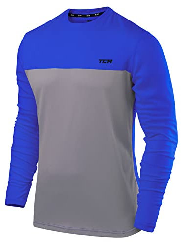 TCA Element Sport Langarmshirt Herren - Funktionsshirt mit Rundhalsausschnitt - Laufshirt Running Shirt atmungsaktiv - Langarm Sportshirt - Sport Oberteil - Grau/Blau, XL
