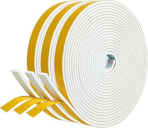 Ruban D'étanchéité Autocollant, 12 mm (l) x 3 mm (H) / 15 m (L) pour Portes, Fenêtres, Joint en Mousse, Joint de Porte, Fenêtre, Joint en Caoutchouc pour Collision, Isolation Acoustique (Blanc)