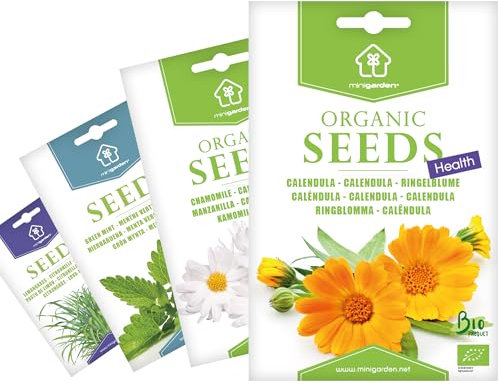 Zertifizierte biologische Samen von Minigarden, 7175+ Bio-Samen, Auswahl Kräutertees und Aufgüsse: Ringelblume, Kamille, Grüne Minze und Zitronengras