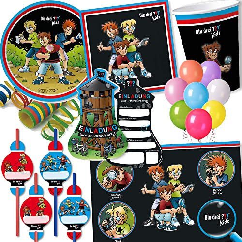 104-tlg Party-Set * DREI ??? KIDS * für Kindergeburtstag mit Teller + Becher + Servietten + Trinkhalme+ Einladungen + Platzsets + Luftschlangen + Ballons | Detektive ? Fragezeichen Kinder