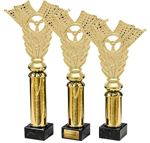 eberin · Pokal Motorsport · Racing Cup · Formel1 · Goldenes Lenkrad auf Goldsäule/Marmor schwarz · Pokal in 3 Größen erhältlich · mit oder ohne Gravur · (26,0 cm)