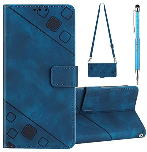 Grandoin Kompatibel mit Vivo Y51 2020/Y3/ Y51A Hülle mit Band, Handykette Handyhülle mit Band Lederhülle Klappbar Case Tasche Magnet Kartenfach Handyband zum Umhängen Schutzhülle mit Kette (Blau)