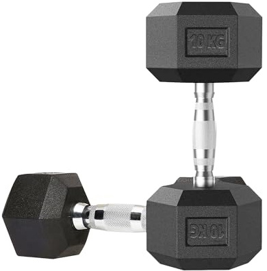 MAXSTRENGTH Hex Dumbbells 10kg Single Poly Rubber Encased Dumbbells Weights Set Cast Iron Chrome Home or Gym Strength Training Equipment