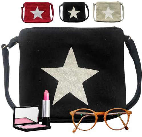 Umhängetasche für Damen – lässige Handtasche aus Segeltuch – Messenger-Tasche – Vintage-Tasche – Schultertasche – Musette aus glänzendem Stoff (30 x 20 cm), Schwarz