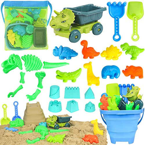 FUSPWEAO Strandspielzeug, Dinosaurier-Sandspielzeug mit Muldenkipper und faltbarer Strandwanne, Schaufel und Rechen, Netztasche, Tier-Dinosaurier-Sandformen, Spielzeug