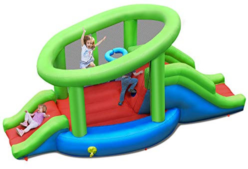 COSTWAY Castillo Hinchable de Rebote, Saltarín con 2 Toboganes y Aro de Baloncesto, Inflable de Escalada y Tobogán con Parches de Reparación y Pelota para Uso en Interiores y Exteriores (sin soplador)