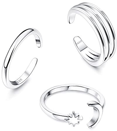 Sllaiss Zehenringe Set Silber 925 Herz Mond Stern Zehenring 925 Sterling Silber Zehenringe für Frauen 3 Stücke Verstellbar Öffnen Zehenringe Set Sommer Fußschmuck Set A