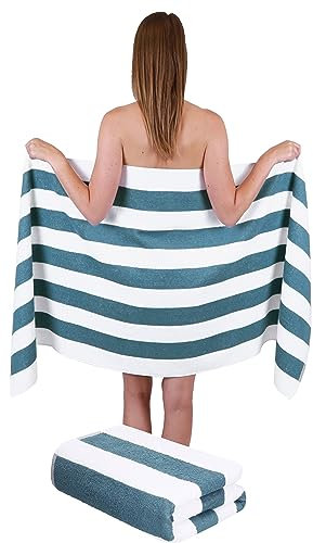 Betz 2 Stück Saunatuch Saunatücher Set Badetuch 100% Baumwolle Berlin Größe 70x180 cm XXL Sauna Handtuch Weich Groß Streifen Farbe weiß - taubenblau