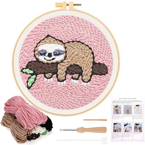 JSRQT Stanznadel Stickerei Starter Kit Faultier Punch Needle Debutant für Anfänger Embroidery Broderie mit Instruction Stanznadelstoff Muster Set Kinder Erwachsene
