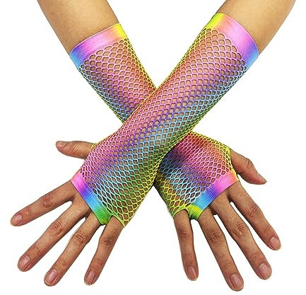 ZUYPSK Damen Handschuhe Fingerlose Armstulpen Regenbogen Bunt Farbe Netzhandschuhe Fasching Karneval Party Kostüme Zubehör (bunt lang, Einheitsgröße)
