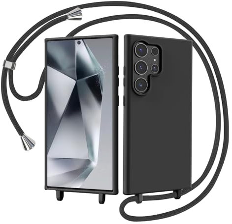 AOMYKE Handyhülle für Samsung Galaxy S24 Ultra Hülle mit Band, Handyband Samsung Galaxy S24 Ultra Hülle zum Umhängen Schutzhülle mit Kette Kordel Weich TPU Liquid Silikon Case, Schwarz
