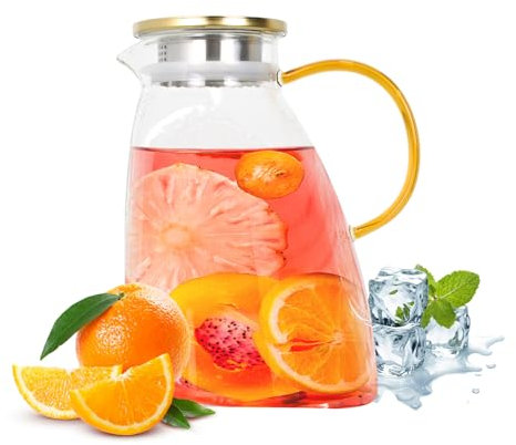 Pichet à eau 1.5L,Carafe en Verre Borosilicate avec Couvercle en Acier Inoxydable,Carafe à Eau,Carafe de Porte de Réfrigérateur étanche pour Boissons Chaudes ou Froides